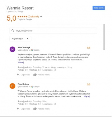 WARMIA RESORT ZNAKOMITA W KLASYFIKACJI GOOGLE